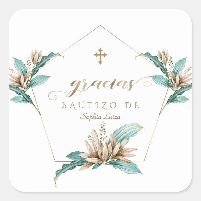 Sticker Carré Invitacion De Bautizo Con Flores Gold Ivory Lily (Devant)