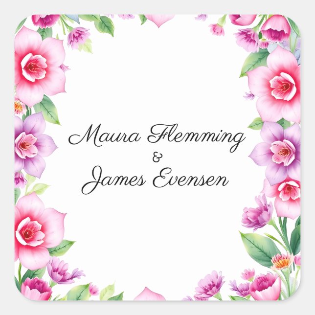 Sticker Carré Invitation florale rose et violet (Devant)