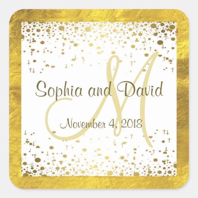 Sticker Carré Invitations pour mariages | Monogramme Gold Confet (Devant)