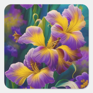 Sticker Carré Iris Floral Violet et bleu or feuilles