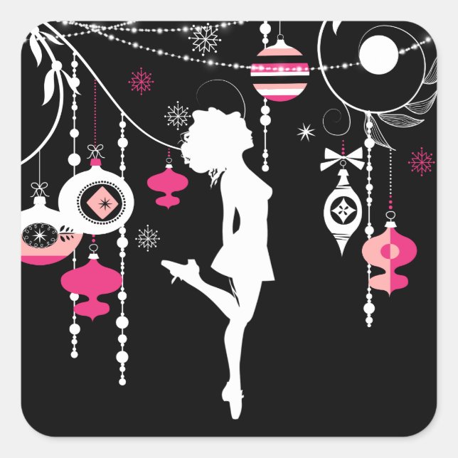 Sticker Carré Irish Dance ornements de Noël rose et noir (Devant)