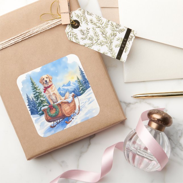 Sticker Carré Irish Setter Enjoying Christmas Sleigh Ride Winter (Cadeaux)