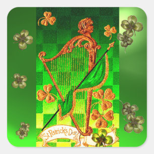 Sticker Carré IRLANDE HARP, OR VERT SHAMROCK St Patrick's Day