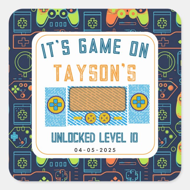 Sticker Carré It’s Game On – Video Game Birthday party (Devant)