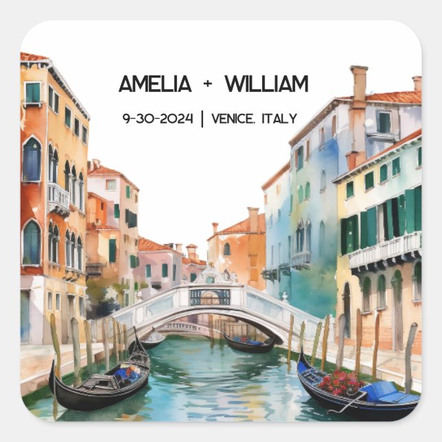Sticker Carré Italie Aquarelle Romantique Destination Mariage (Devant)