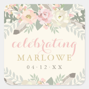 Sticker Carré Ivory Pink Or Floral Celebrating Bride Monogramme