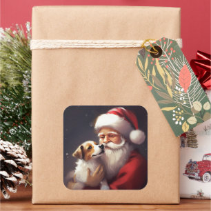 Sticker Carré Jack Russell Avec Noël Festif Du Père Noël