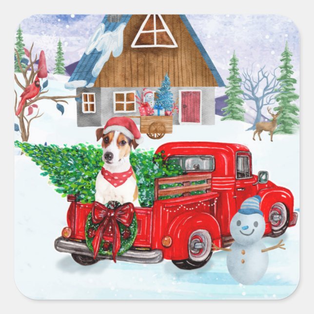 Sticker Carré Jack Russell Chien à Noël Livraison Camion Neige (Devant)