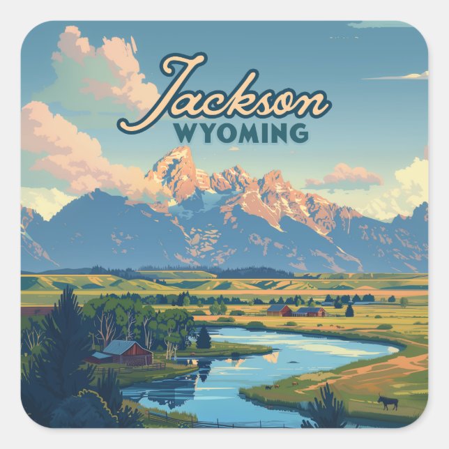 Sticker Carré Jackson Hole Wyoming Ranch Tetons Mountains Retro (Devant)