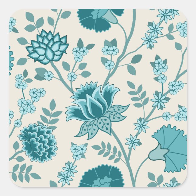 Sticker Carré Jacobean Floral Lg Motif Teals sur Crème (Devant)
