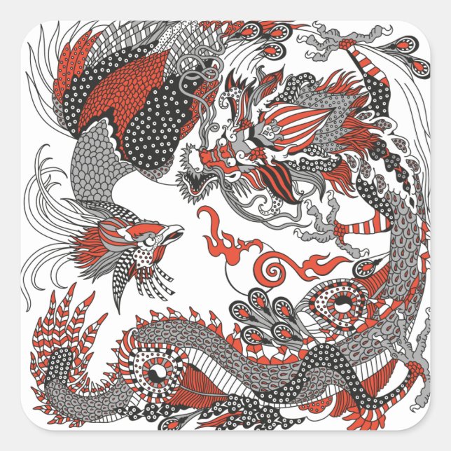 Sticker Carré Jade Dragon and Gold Phoenix playing with a pearl (Devant)