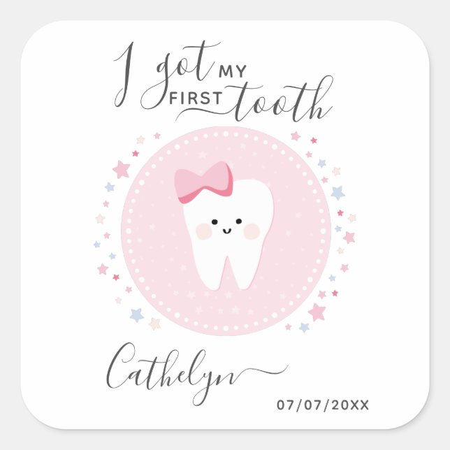 Sticker Carré J'ai eu ma première denture Bébé Fille Tething Dat (Devant)