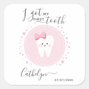 Sticker Carré J'ai eu ma première denture Bébé Fille Tething Dat
