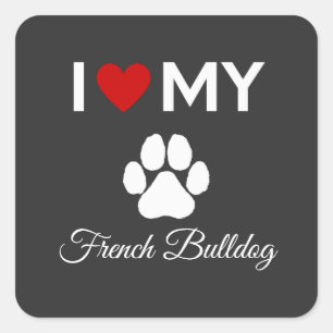 Sticker Carré J'aime mon chien français Bulldog texte personnali
