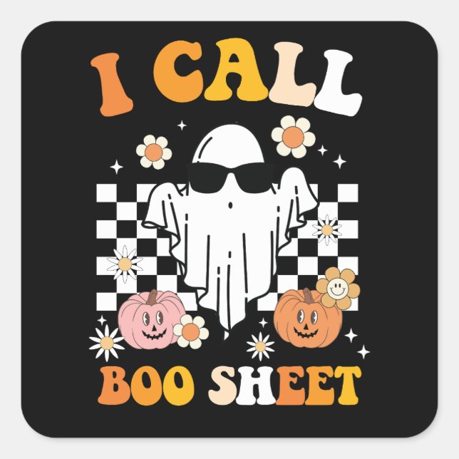 Sticker Carré J'Appelle Boite Feuille Halloween Retro Ghost (Devant)