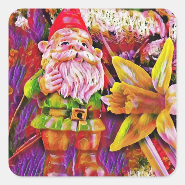 Sticker Carré Jardin coloré Gnome (Devant)
