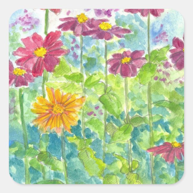 Sticker Carré Jardin d'aquarelle rose Zinnia Fleur sauvage (Devant)