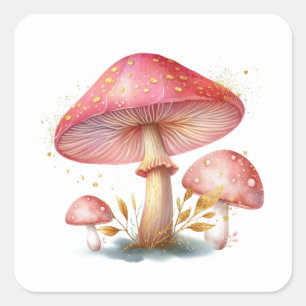 Sticker Carré Jardin de champignons roses enchanté