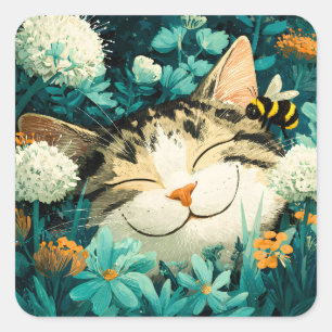 Sticker Carré Jardin de fleurs de chat endormi aquarelle abeille