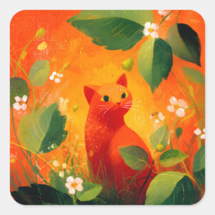 Sticker Carré Jardin de fleurs sauvages au chat rouge fantaisist