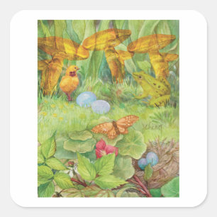 Sticker Carré Jardin de printemps avec poussette et froggie