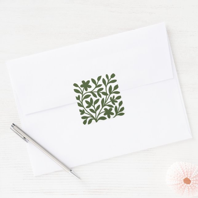 Sticker Carré Jardin de vrilles feuilles florales vertes (Enveloppe)