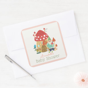 Sticker Carré Jardin Gnome Champignons Baby shower fille rose