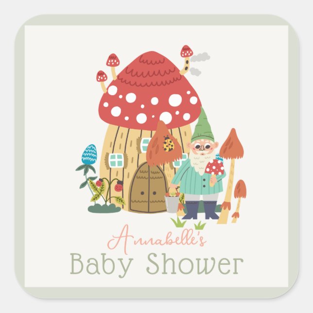 Sticker Carré Jardin Gnome Champignons Green Baby shower garçon (Devant)
