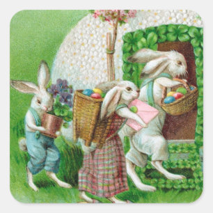 Sticker Carré Jardin vintage de lapin de Pâques et d'oeufs de Pâ