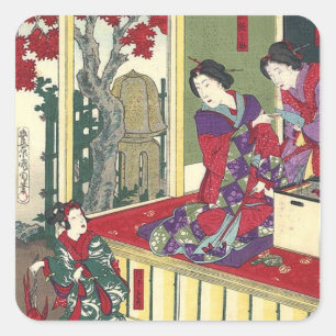 Sticker Carré jardin zen automne érable kimono japonais geisha