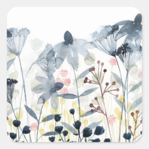 Sticker Carré Jardins posés - fleurs d'aquarelle
