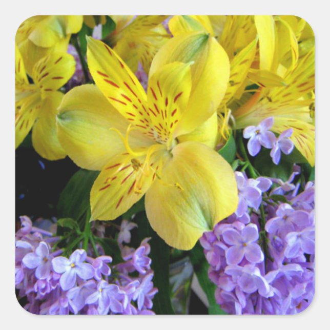 Sticker Carré Jaune et Fleurs Lilac Violettes (Devant)