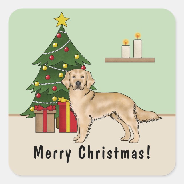 Sticker Carré Jaune Golden Retriever Chien avec arbre de Noël (Devant)