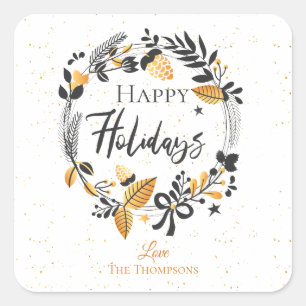 Sticker Carré Jaune Jaune Jaune Wreath Script Joyeux Vacances