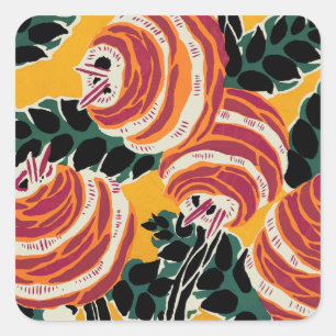 Sticker Carré Jaune Moutarde & Décor Floral Art Déco Orange