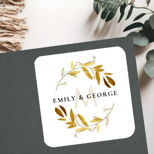 STICKER CARRÉ JAUNE OCRE GOLD FOLIAGE MONOGRAM WREATT MARIAGE
