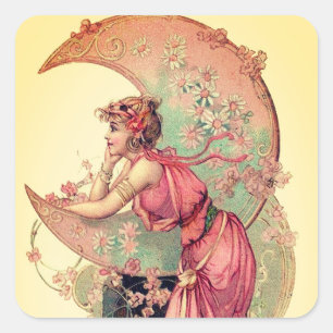 STICKER CARRÉ JAUNE ROSE DE DAME OF MOON WITH FLOWERS DE TAROTS/