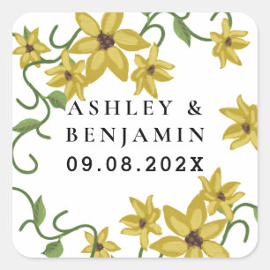 Sticker Carré Jaune Tournesol Floral Botanique Dessiné à la main