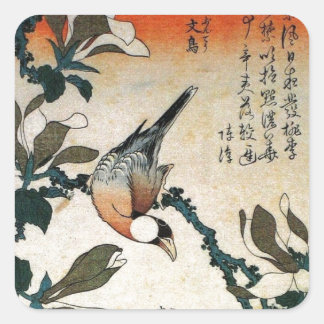 Sticker Carré Java Sparrow et Kobushi Magnolia (par Hokusai)