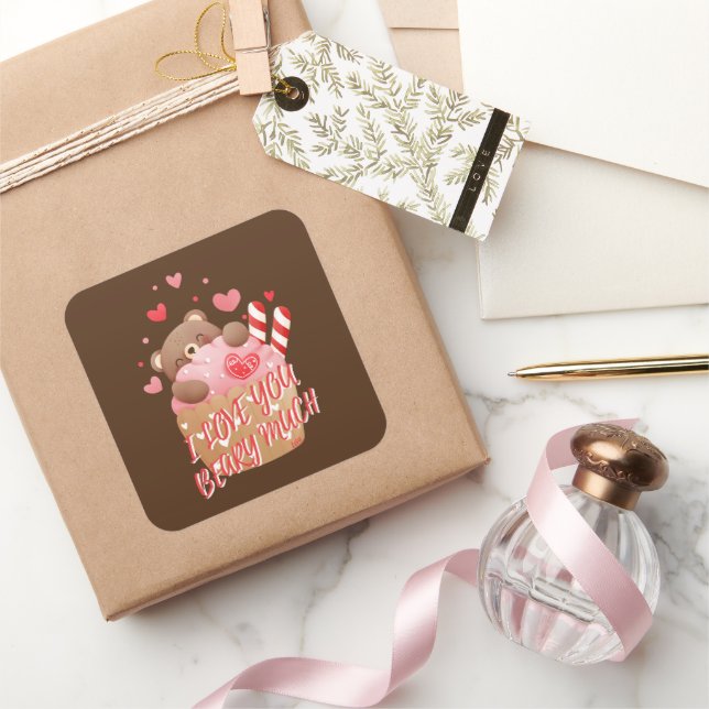 Sticker Carré JE T'AIME BEARY BEAUCOUP drôle valentine's day (Cadeaux)