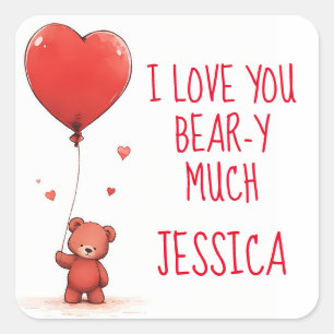 Sticker Carré Je T'Aime Béatir Beaucoup Teddy Ours Valentine Nom