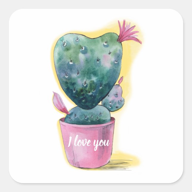 Sticker Carré Je t'aime Coeur de cactus mignon en fleur (Devant)