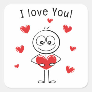 Sticker Carré Je t'aime Stick Figure Cœurs Mignons