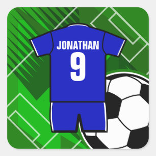 Sticker Carré Jersey de soccer personnalisé bleu avec blanc
