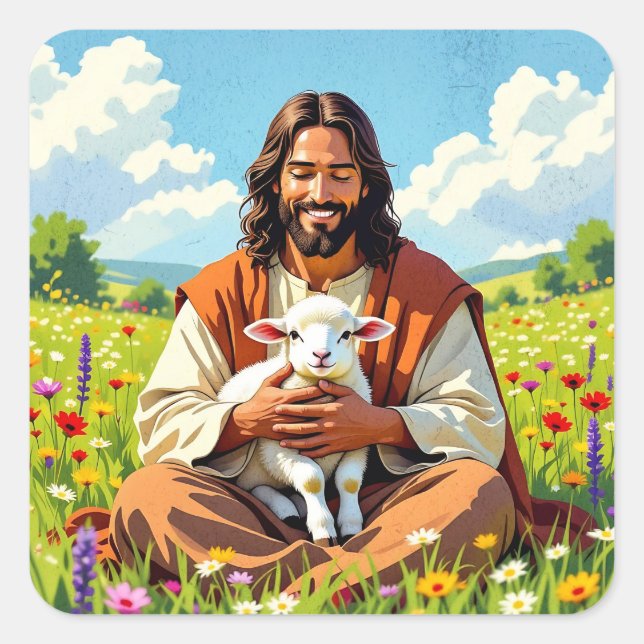 Sticker Carré Jesus holding a Lamb | Religious Christian (Devant)