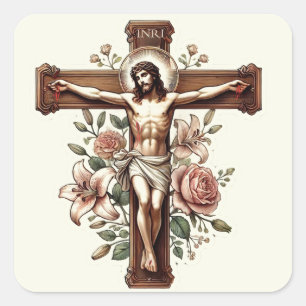 Sticker Carré Jésus sur Crucifix avec Roses Religieux
