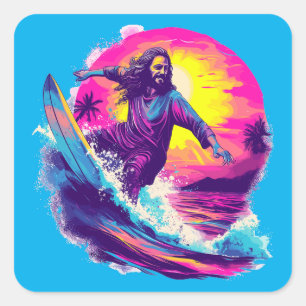 Sticker Carré Jésus Surf Avec Vous À Travers Les Vagues De Vie