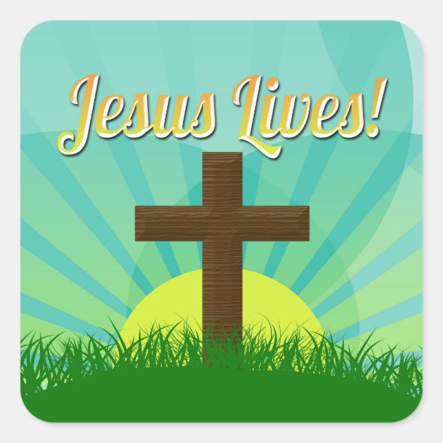 Sticker Carré Jésus vit en bleu/Brown Croix de Pâques chrétienne (Devant)