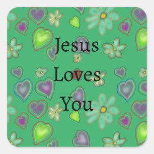 Sticker Carré Jésus vous aime cœurs violets verts