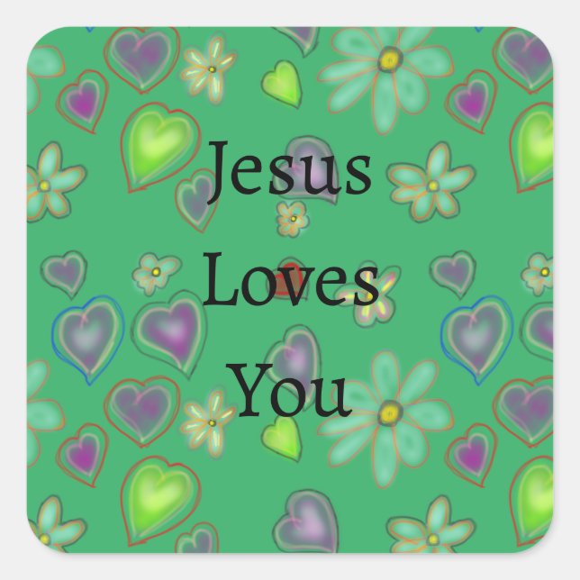 Sticker Carré Jésus Vous Aime Les Coeurs Vert Violet (Devant)